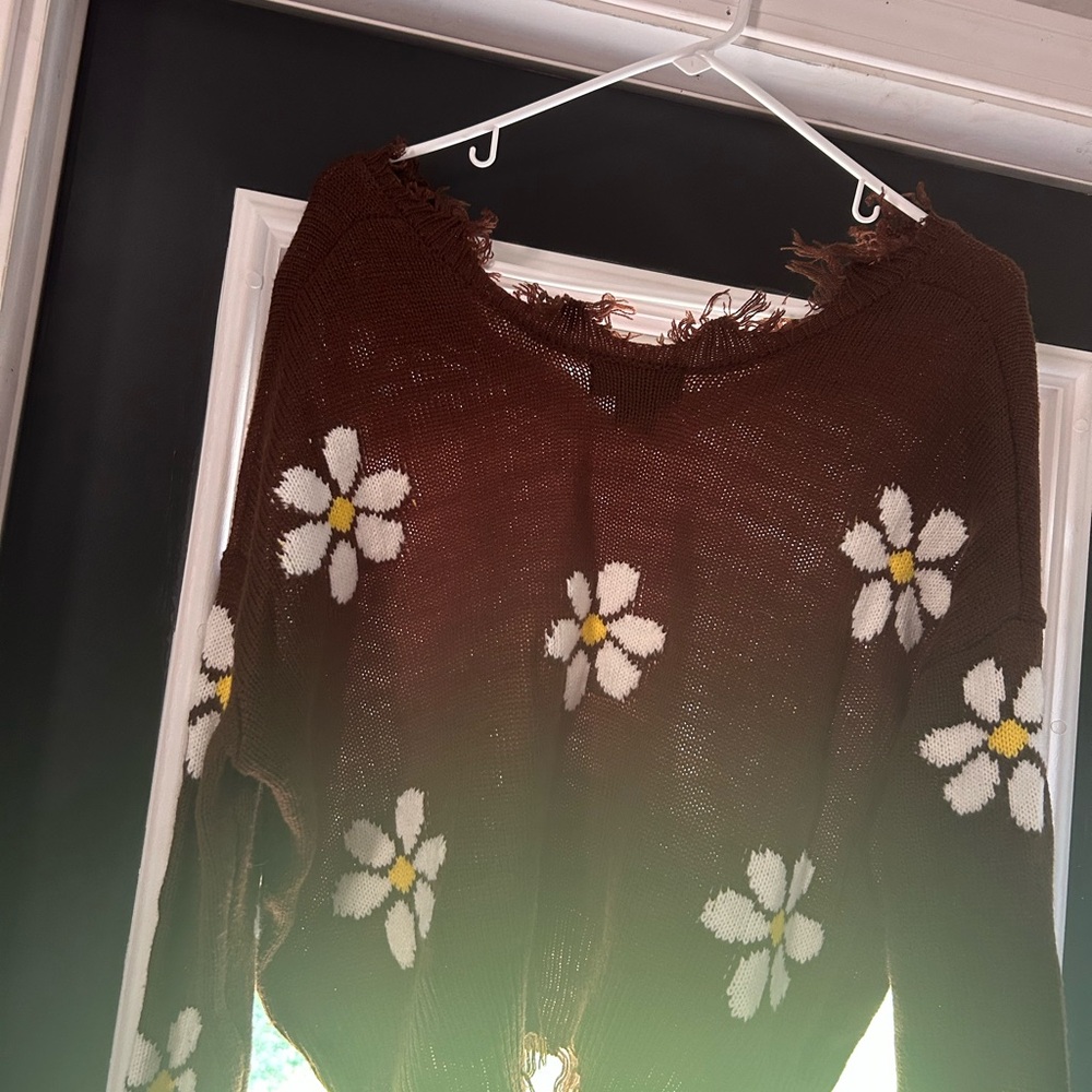 Brown and White Crew Neck Sweater with Floral Design